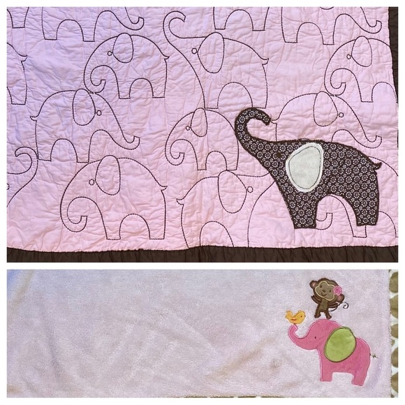 2pc set Carters Kids Baby Crib Quilt Embroidered Pink Elephants & Fleece Blanket - Picture 1 of 16